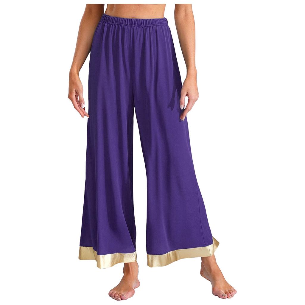 Womens Worship Praise Dance Pants Elastic Waist Metallic Shiny Trim Wide Leg Pants Loose Trousers