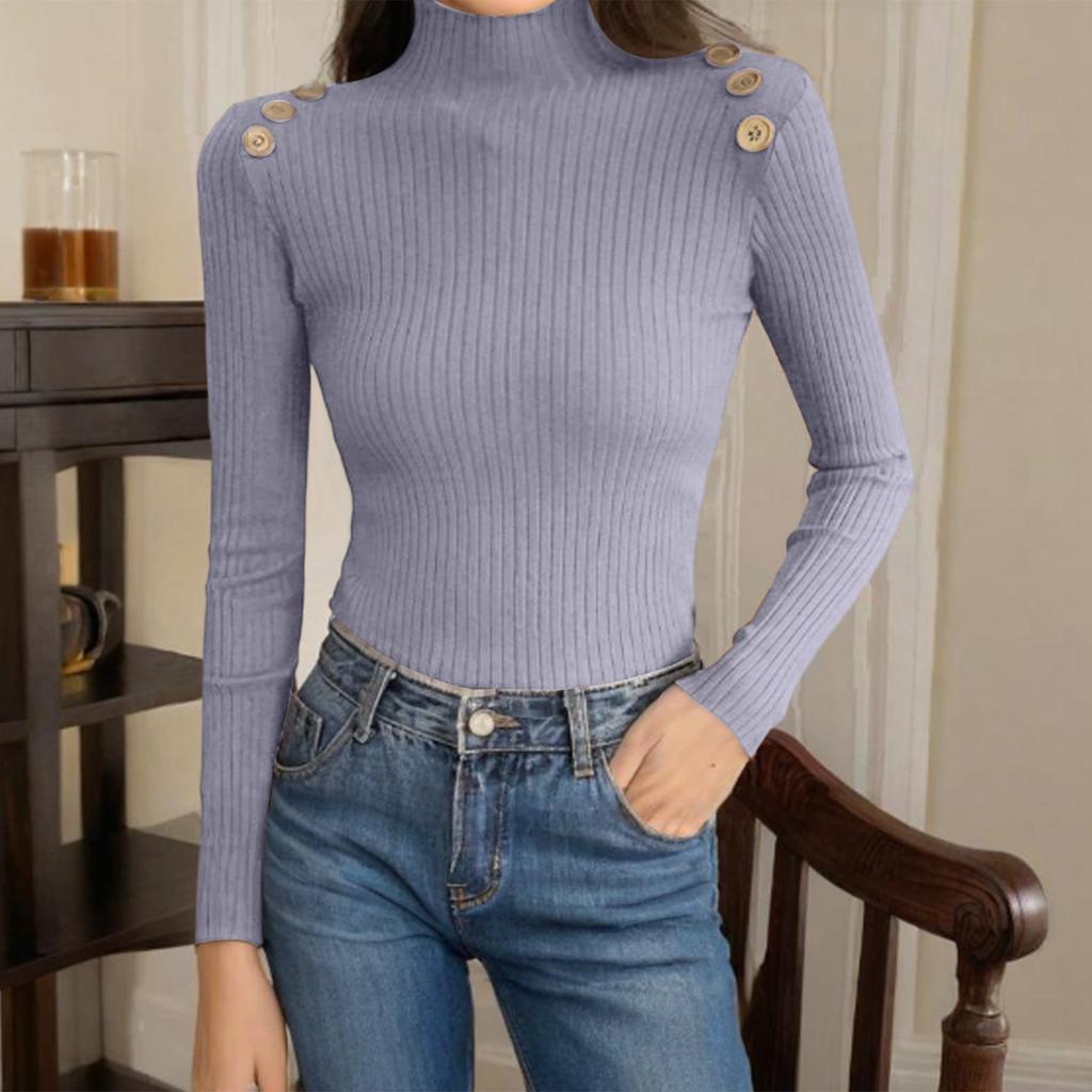Women's Fashion Slim Button Top Half Turtleneck Knitted Bottoming Shirt