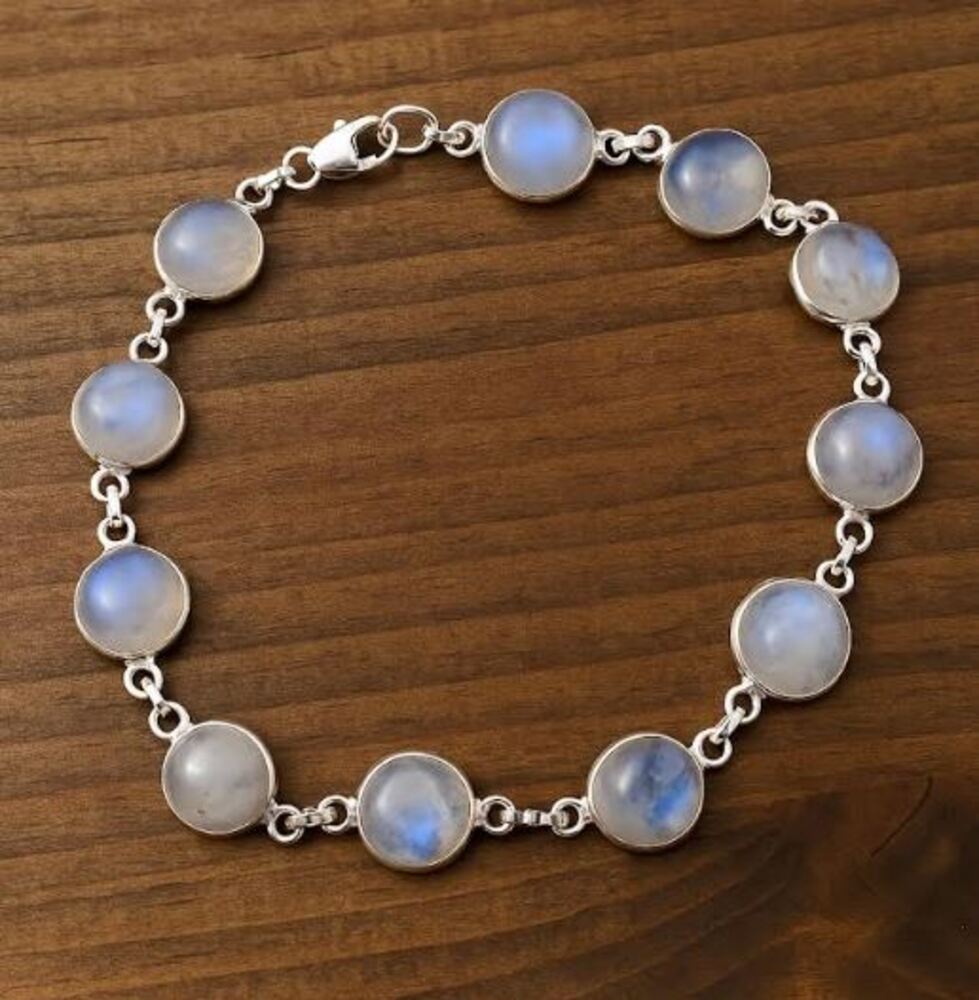 Solid 925 Sterling Silver Rainbow Moonstone Round Gemstone Handmade Designer Birthstone Bracelet Jewelry