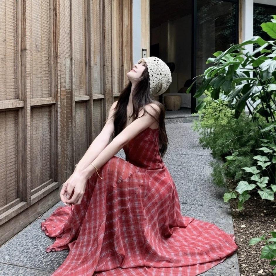 Red Plaid Long Skirt Xinjiang Dopamine Bright Yunnan Vacation Bohemian Dress Seaside Dingdar