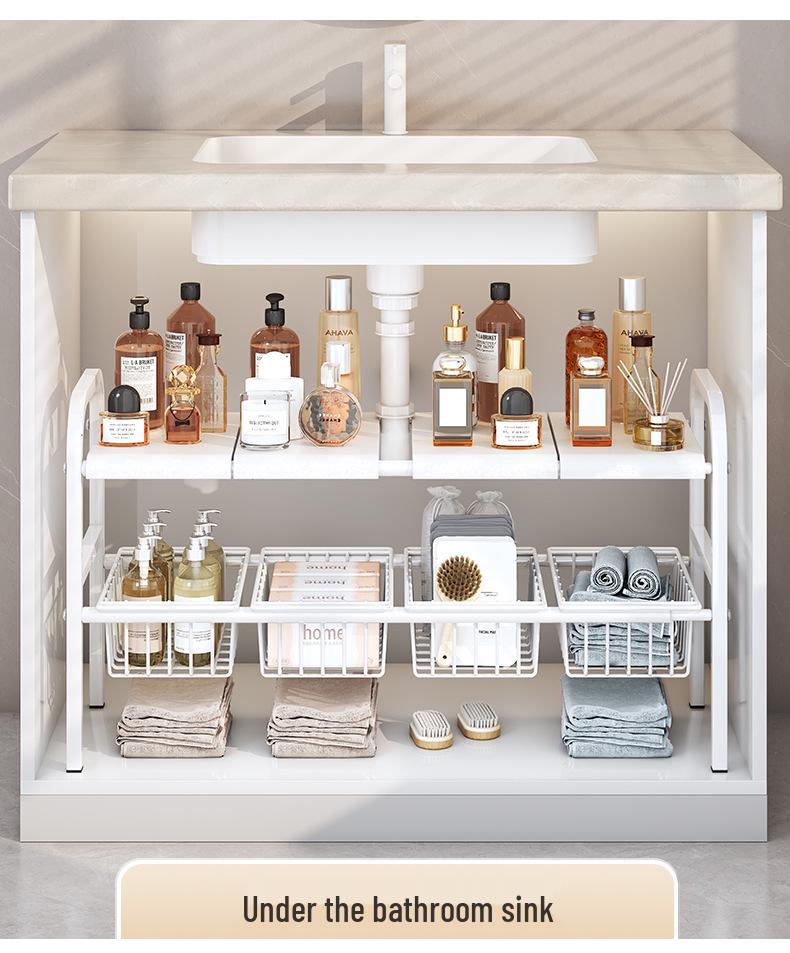 Retractable Under-Sink Tiered Shelf and Pot Storage Rack