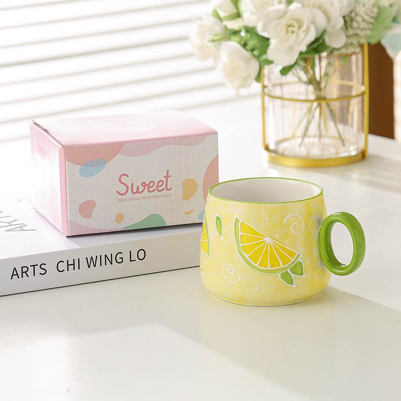 Creative Mug Japanese Hand Painted Embossed Ceramic Mug  Household Breakfast Mug  Couple Water Cup  High Value Coffee Mug