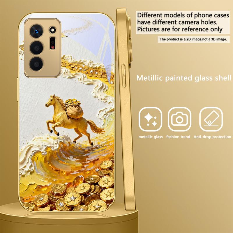 

golden galloping horse For Samsung A 01 52S A04 A05S A10 A12 A13 22 23 24 36 42 M02 Note 10 20Ultra 8 9 Golden glass phone case Galaxy A03 Core