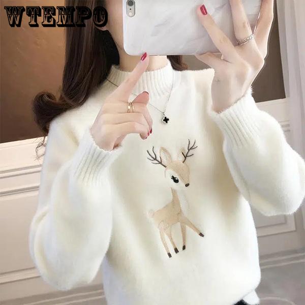 Imitation Mink Velvet Knitted Jumpers Female Autumn and Winter Loose Half High Collar Thickened Bottoming Sweaters