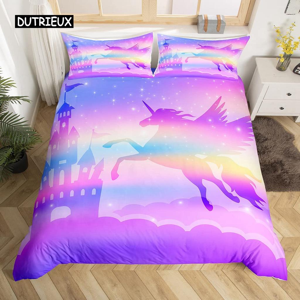 Unicorn Duvet Cover Set Cartoon Animal Galaxy Star Floral Bedding Set for Kids Girls Polyester Romantic Theme Comforter Cover