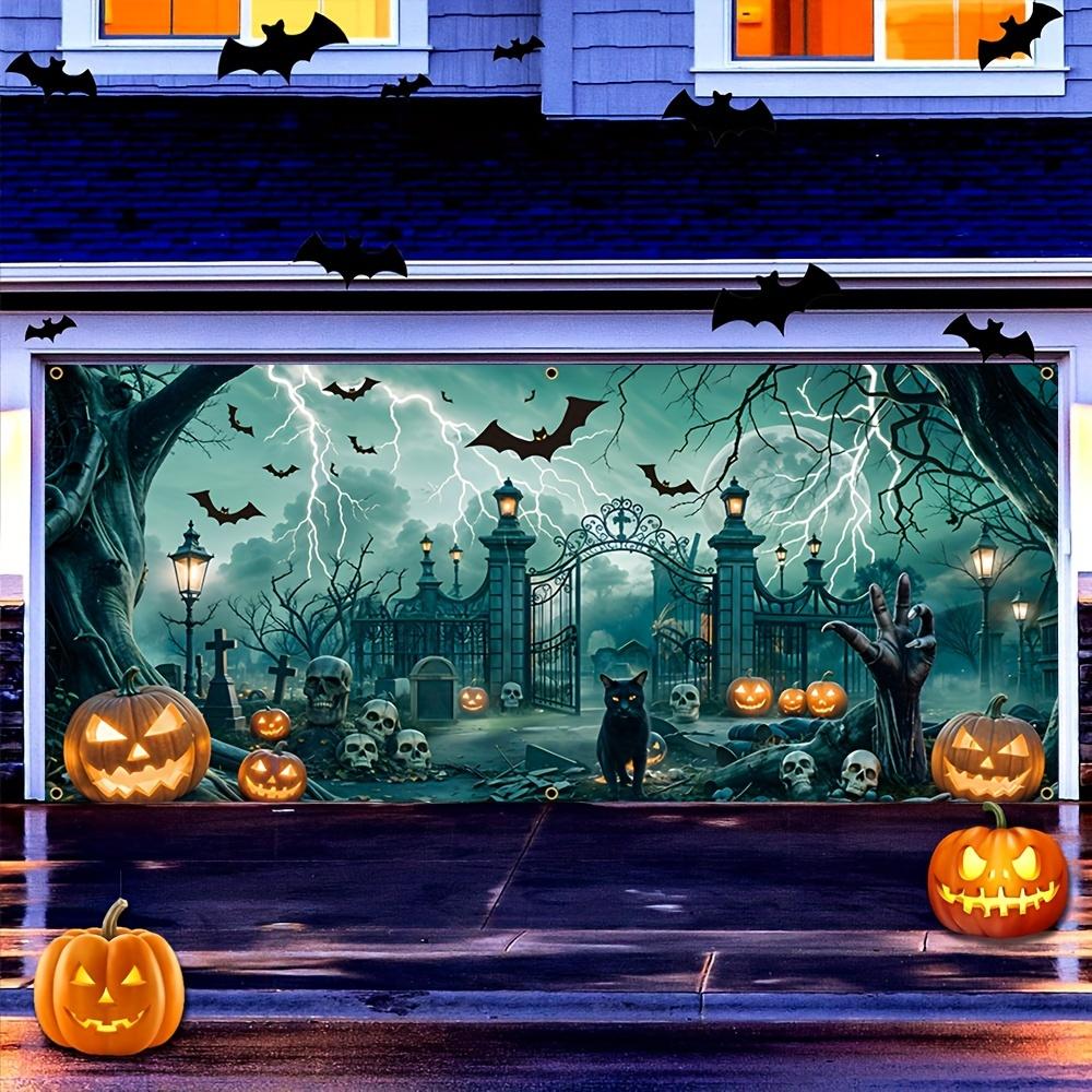 Halloween garage banner polyester terrifying skull lightning black cat pumpkin lantern bat dead tree big hand pattern