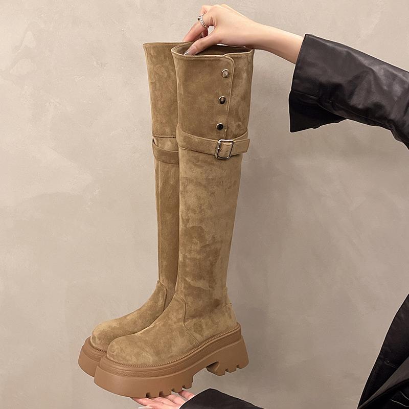

Дизайнерские женские сапоги выше колена на квадратном каблуке с платформой, осенне-зимние, без застежек, лаконичные, длинные, женские сапоги 35