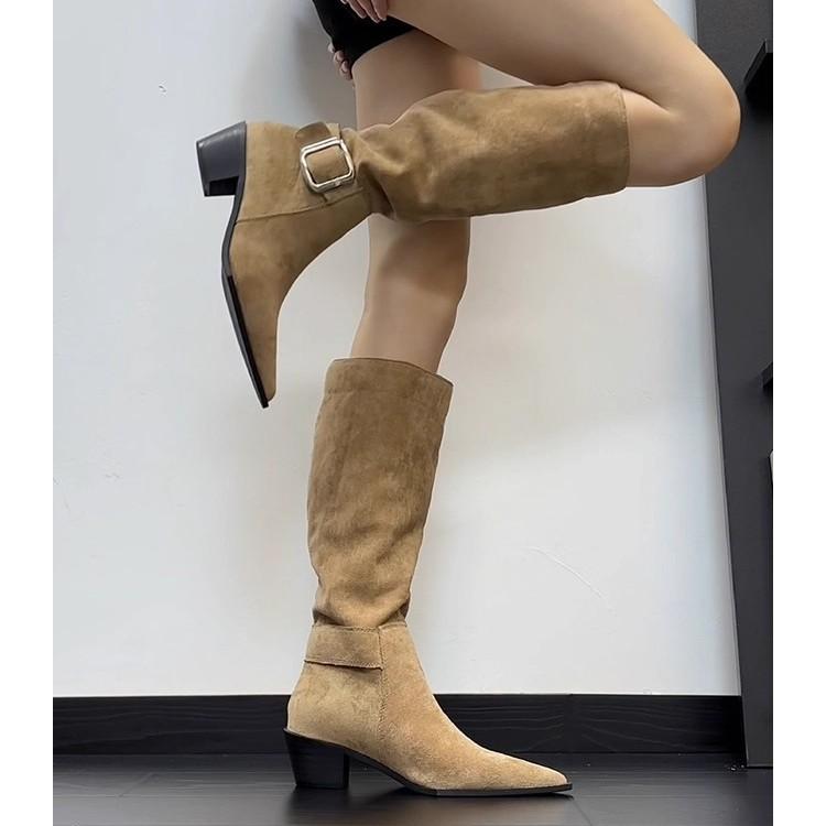 Pointed boots children but knee boots 2025 new versatile thick heel fashion suede pleated pile knight boots