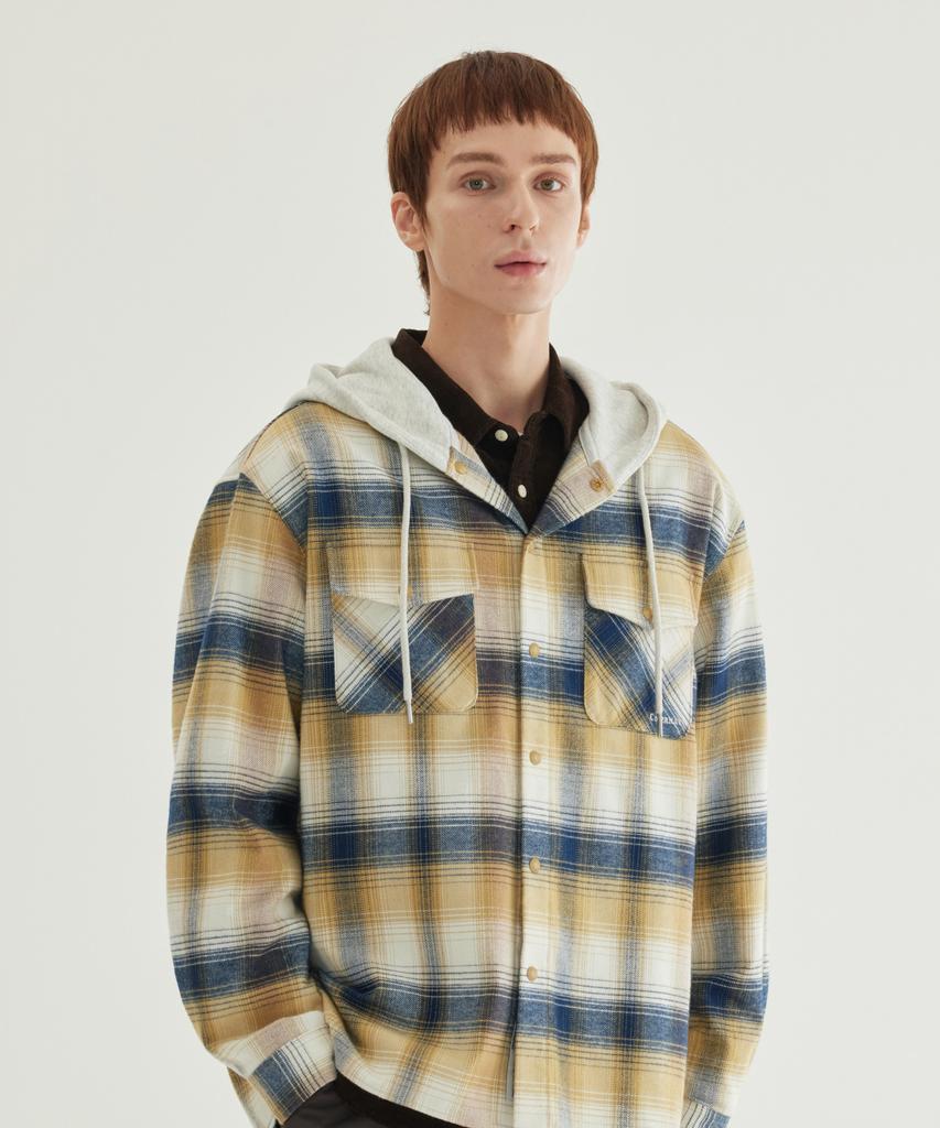 Oversized Checkered Hoodie Shirt Dark Navy