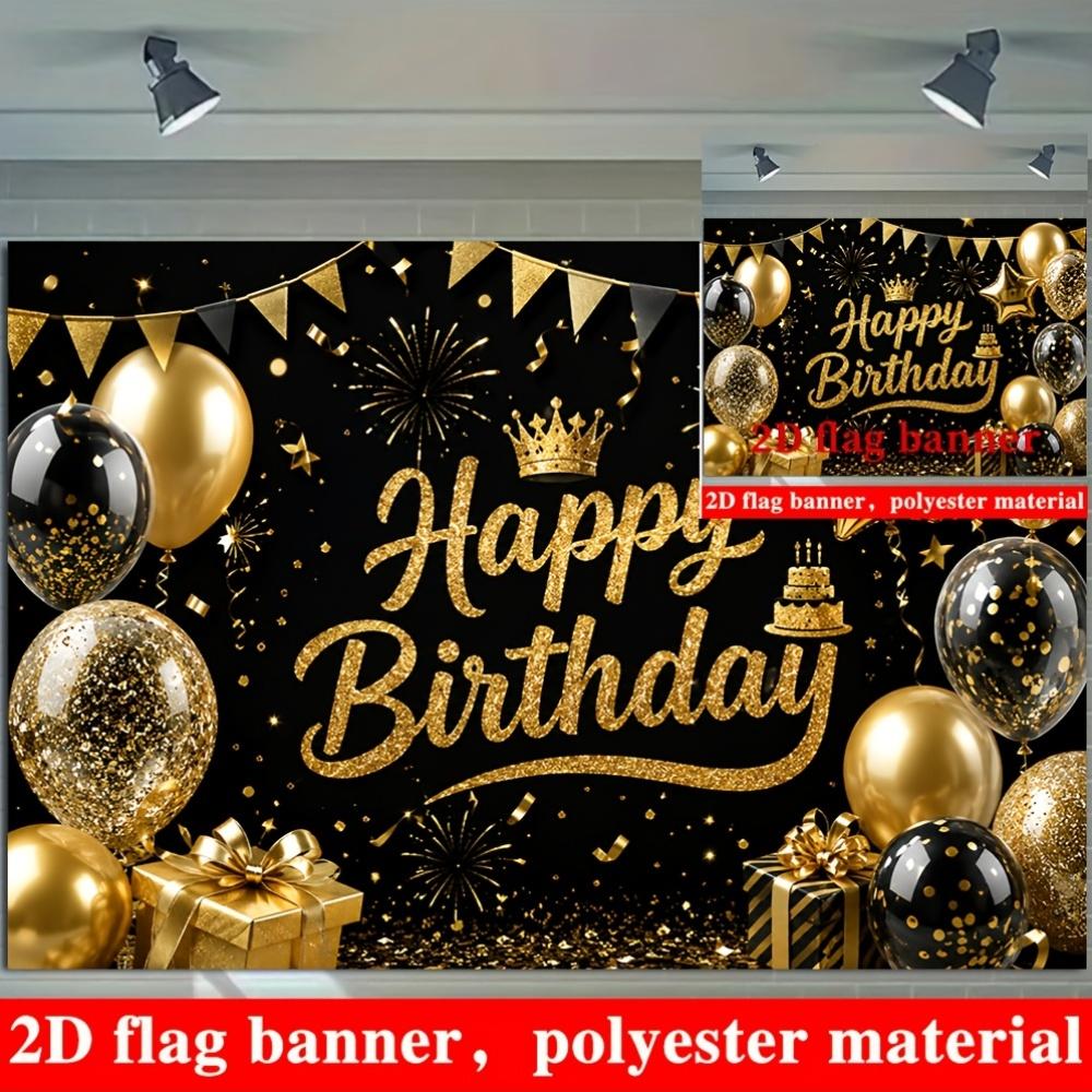 Black Gold Happy Birthday Banner Backdrop Balloons Crown Fireworks Polyester