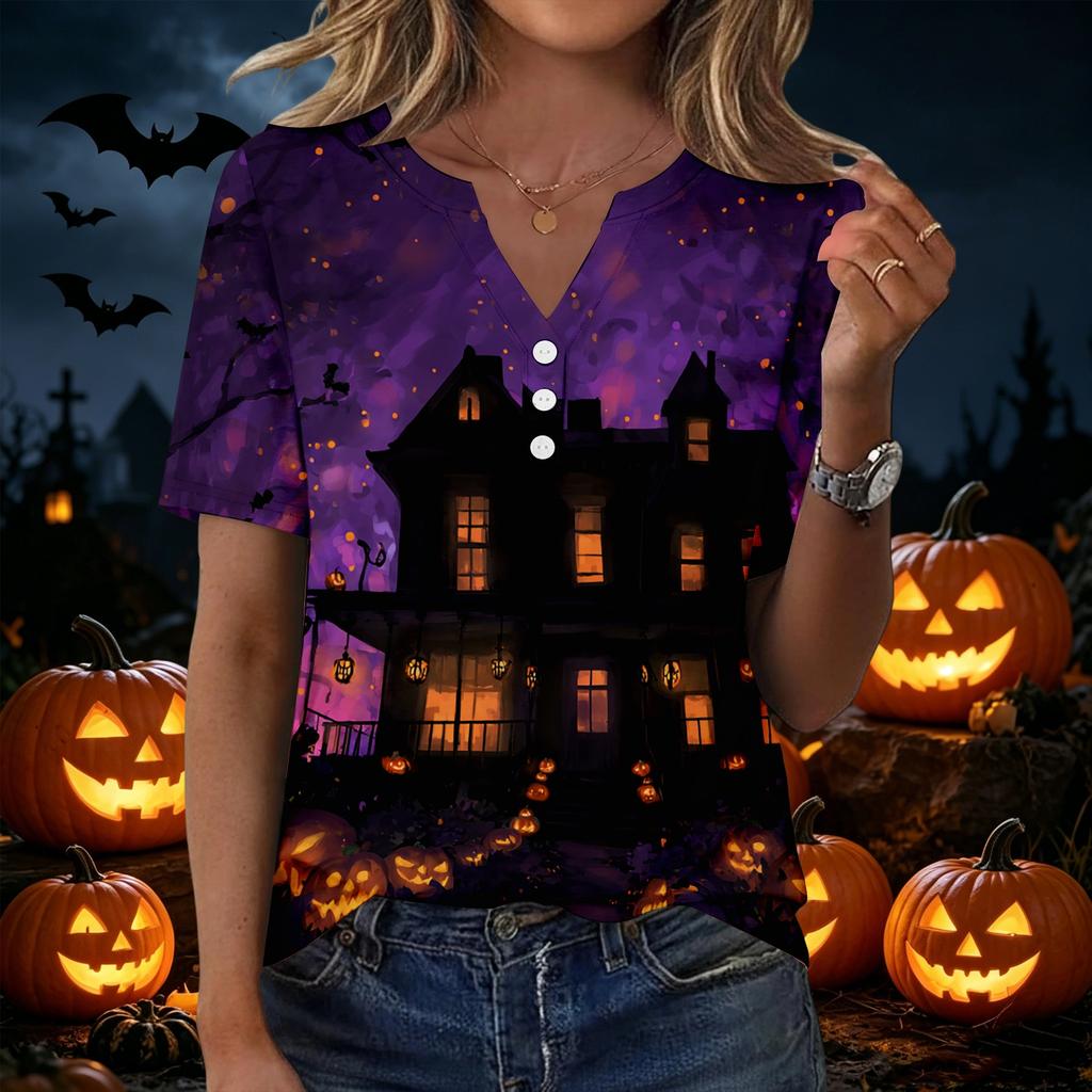 Women's Casual Halloween Print V Neck Short Sleeve Button Down T Shirt