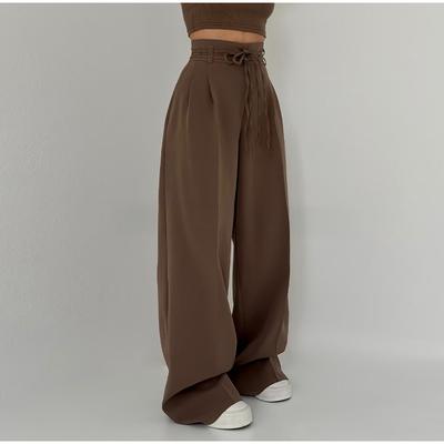 Kadın Yüksek Bel Bağcıklı Pantolonlar Günlük Düz Renk Takım Pantolonu Basit Temel Stil İşe Gidiş Geliş Yapanlar Pantolonu