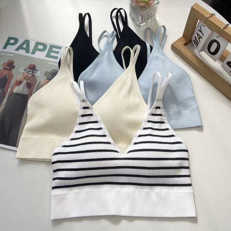 Camisole Bra One-Piece Padded Anti-Slip Versatile Student Solid Color Stripe Small Sling Camisole Underwear