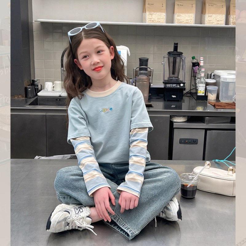Girls Long Sleeve Mock Two Piece T Shirt for Spring Autumn School 120