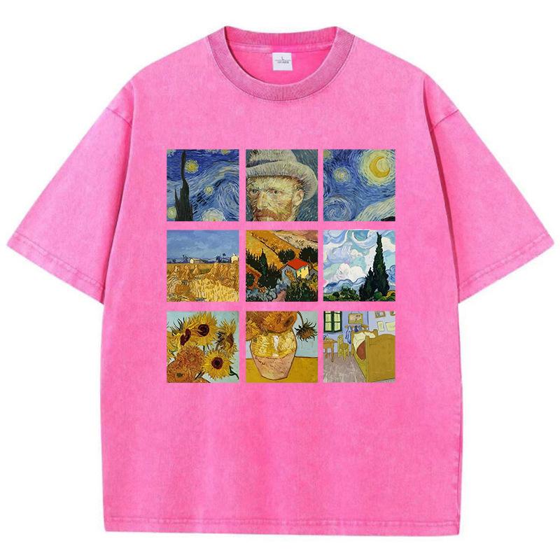 Cotton Women Washed T-Shirts Van Gogh S Starry Night And Sun S розы красного