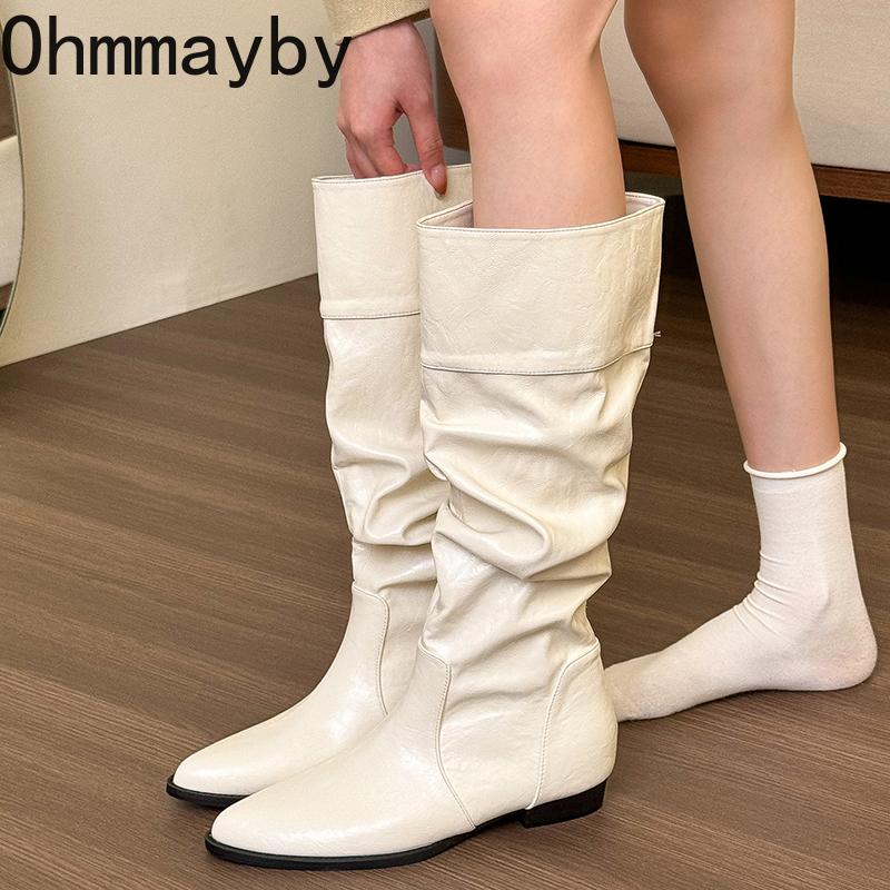 Cosy Soft Leather Women Knee High Boots Fashion Slip On Long Booties Street Style Winter Low Heel Shoes  De Mujer