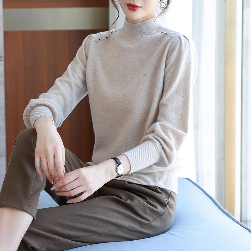 Women's Pure Wool Sweater with Half-High Collar & Lantern Sleeves - Warm, Fashionable Knitwear Pullover