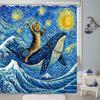 Whimsical Cat Shower Curtain Set Starry Art Style Ocean Whale Rider Waterproof Bathroom Shower Curtain Funny Marine Life