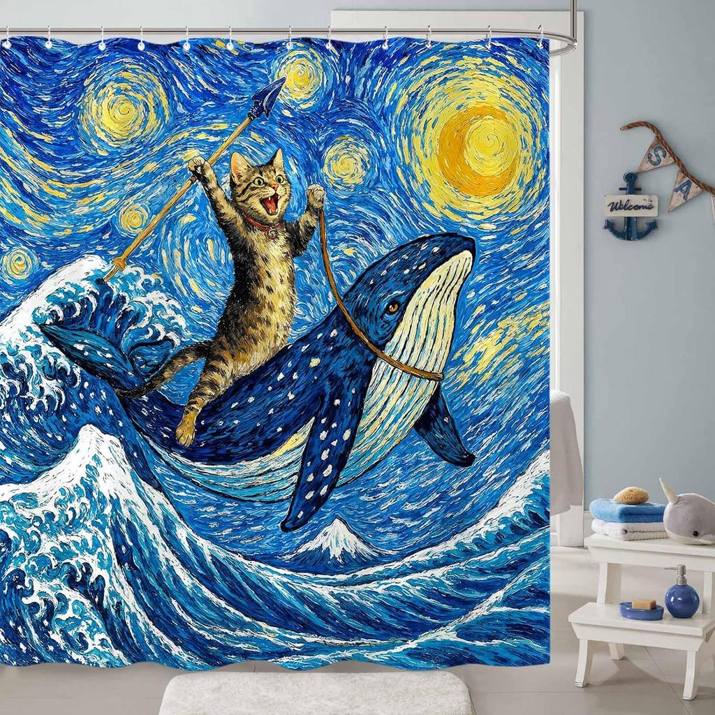 Whimsical Cat Shower Curtain Set Starry Art Style Ocean Whale Rider Waterproof Bathroom Shower Curtain Funny Marine Life