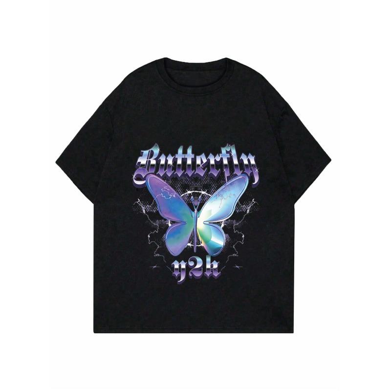 Butterfly Y2K Graphic T Shirt Black Iridescent Butterfly Print With Lightning Design For Casual Wear Party Outfits Streetwear Fashion