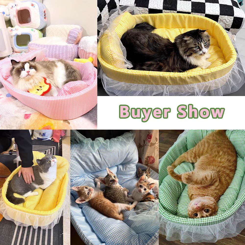 Cute Lace-Trimmed Pet Cat Princess Sofa Bed For Four Seasons  Washable and Removable Soft Plush Oval