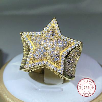 Silver Classic Yellow Gold Five Star Zircon Ring For Women & Men Big Ring Party Birthday Jewelry Gift