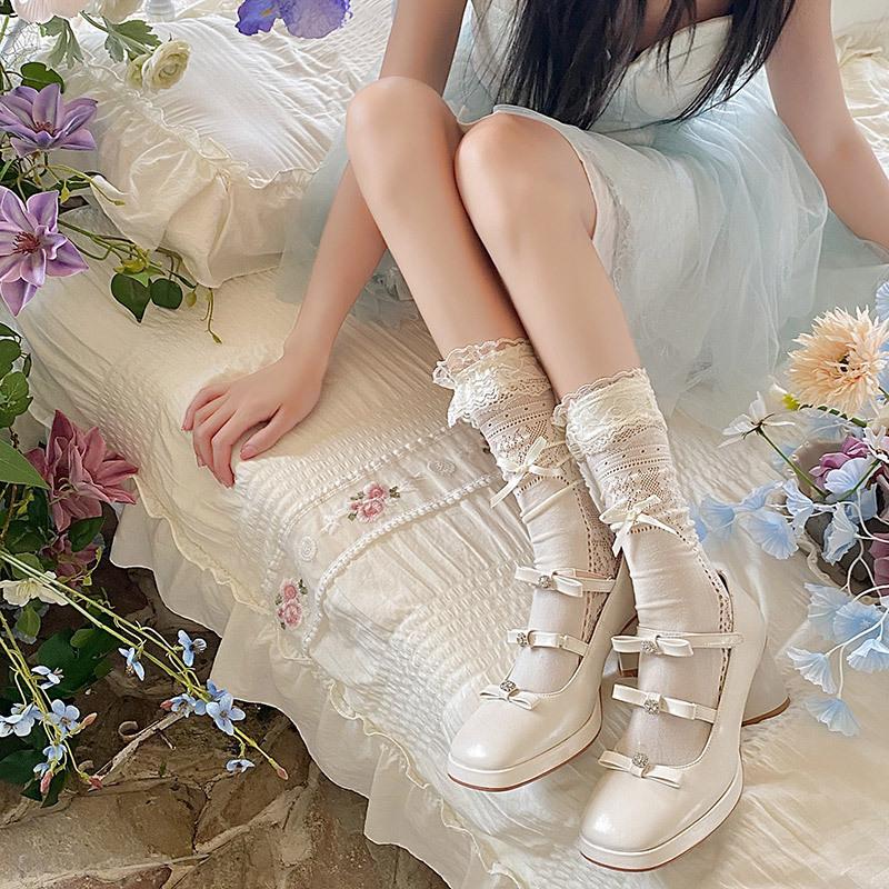 Lace Stacking Socks Cover Mesh Thin Summer Medium Tube Ballet Style Leg Cover White Bow Calf Socks Female Long