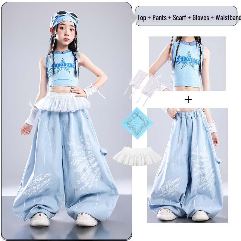 Trendy Blue Jazz Dance Costumes for Girls - Fashionable Performance Outfits for Children's Fashion Shows