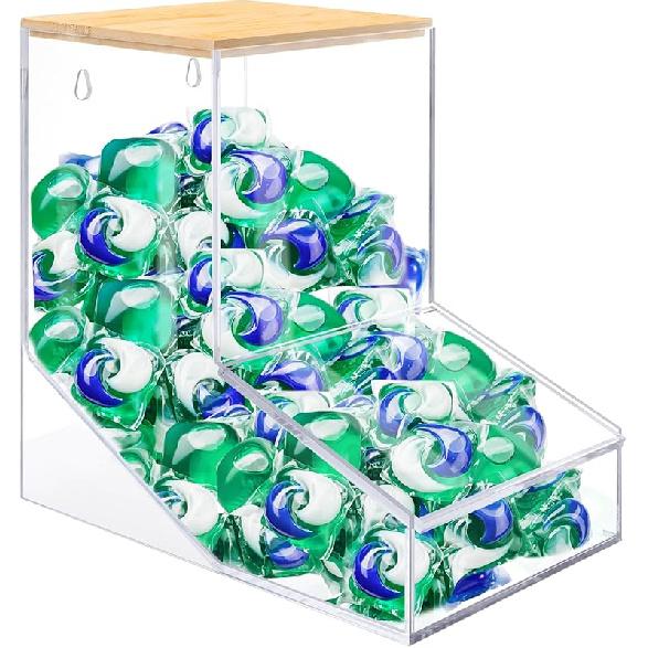 Контейнер для капсул для стирки JYPS, Акриловый держатель для капсул для посудомоечной машины с 2 крышками, Диспенсер для порошка, Шариков для сушки, Гранул, Органайзер для мыла для комнаты, рабочего стола / normal