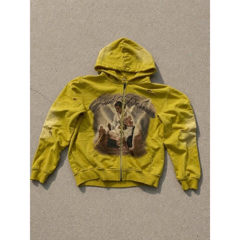 Gradient Rhinestone Angel Oil Painting Zip Up Hoodie Distressed Washed Black Loose Streetwear Men Women