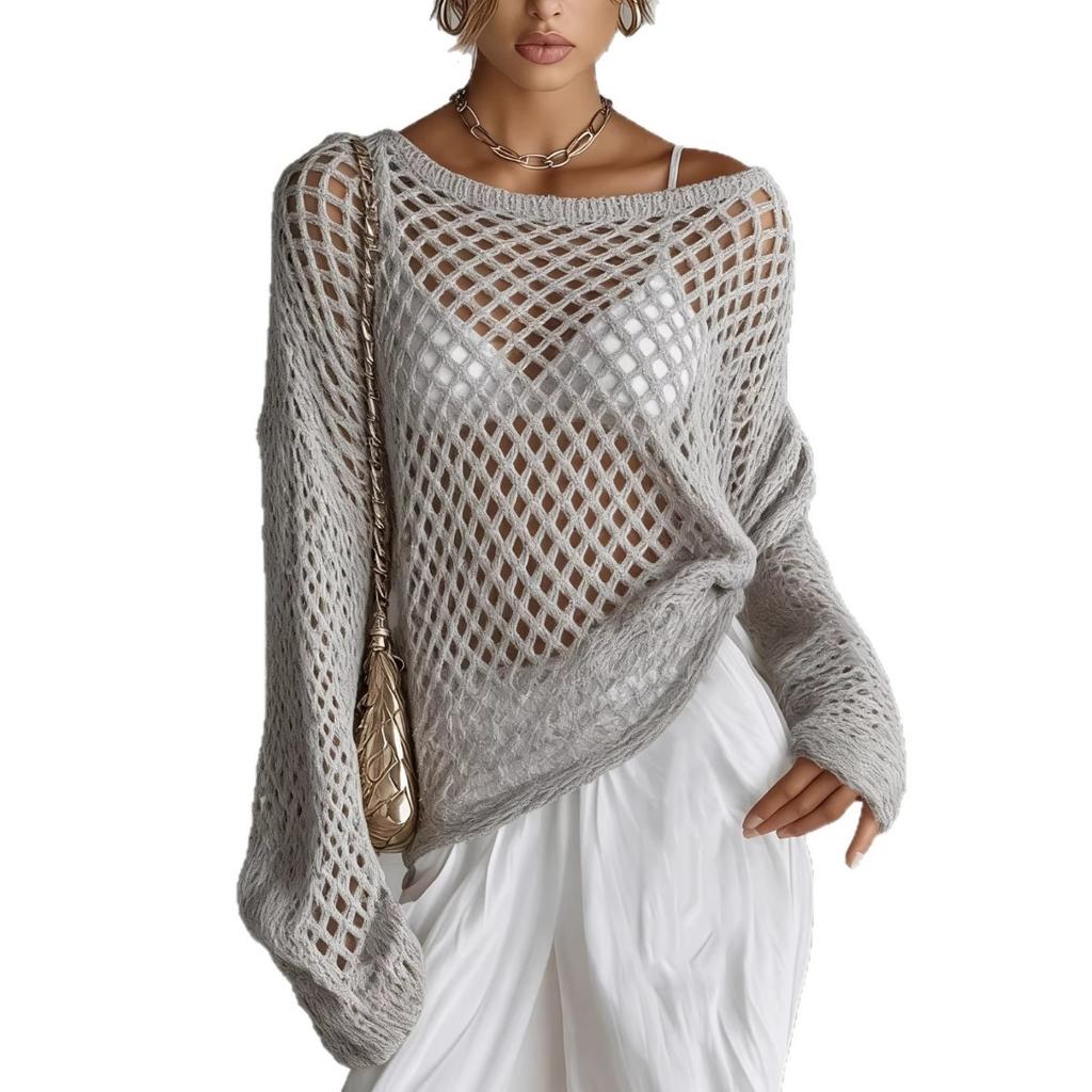 Spring Summer New See-through Hollow Out Long Sleeve Knit Cover Up Sexy Versatile Beach Cover Up for Women Europe America
