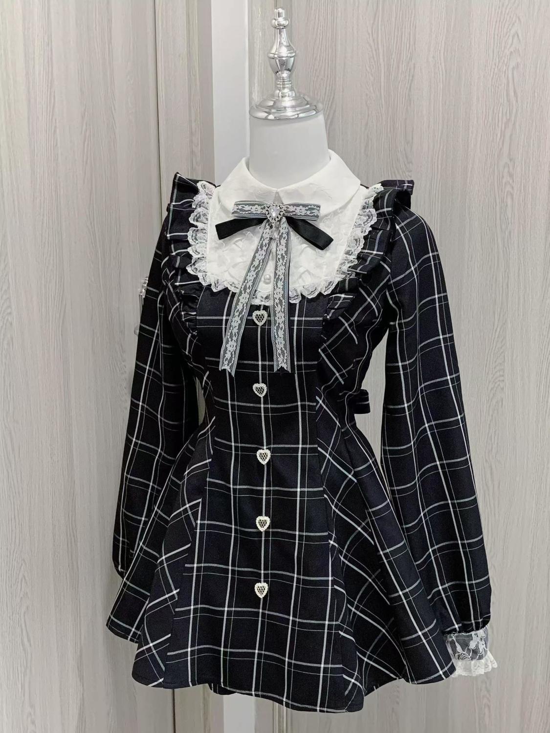 

Harajuku Sweet Bow Black Plaid Dresses Універсальна тонка сукня Kawaii Lolita Dress для жінок Осіння сукня з довгим рукавом XL чорний