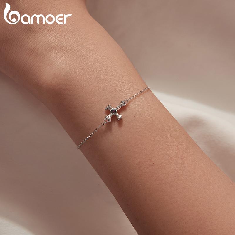 Bamoer 925 Sterling Silver Cross Bracelet Halloween Bones CZ-Plated White Gold Chain Adjustable Party Costume Women