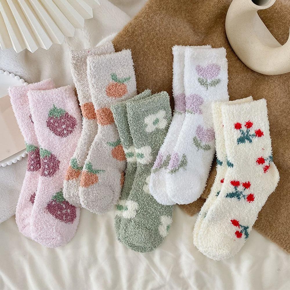 Flower Strawberry Coral Fleece Socks Winter Warm Socks Women Soft Floor Plush Socks  Winter