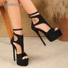 Sandalias de Tacón 16cm para Mujer Piel de Ante Zapatos de Plataforma Negros Punta Abierta Sexy Correas en el Tobillo Tacones Talla 35-42 Sandalias Mujer