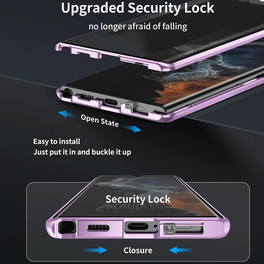 For Samsung Galaxy S24 Ultra Case Double Sides Tempered Glass Magnetic Metal Frame Cover