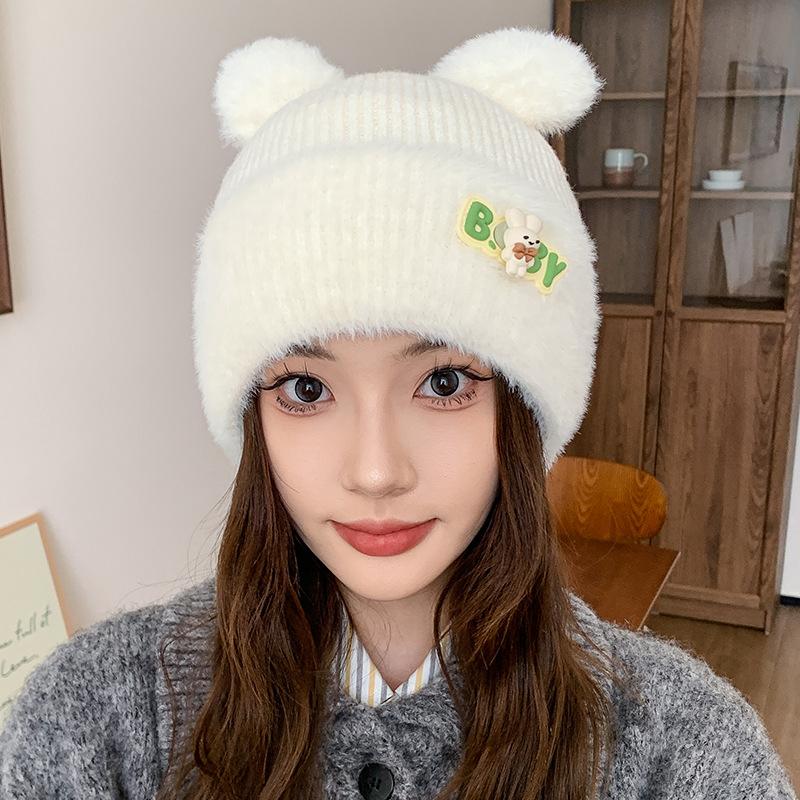 Cute plush bear hat women's autumn and winter warm versatile pullover cold hat fashionable thickened knitted ear protector wool hat