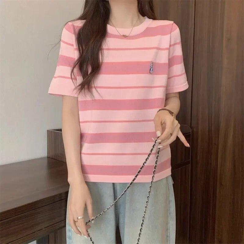 Vară fată tânără dungi desen animat broderie Pulovere Tricou coreean Femei Casual larg Mânecă Scurtă student Tricouri y2k top Streetwear Feminin