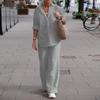 2 Pcs/Set Women Shirt Pants Set Solid Color Loose Wide Leg Lapel Long