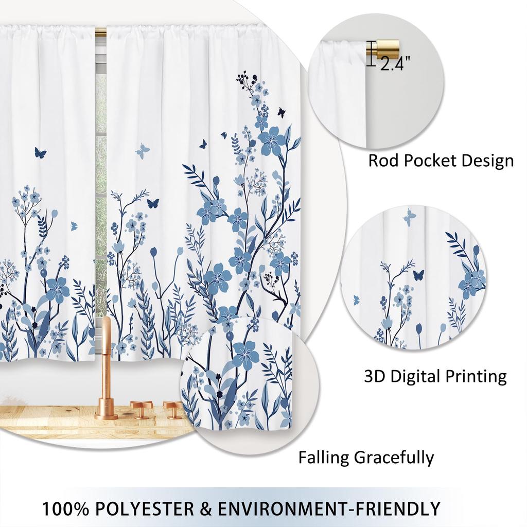 Watercolor Blue Flower Kitchen Curtains Short Cafe Window Curtains Botanical Leaves Rod Pocket Bathroom Window Drapes 2 Panels