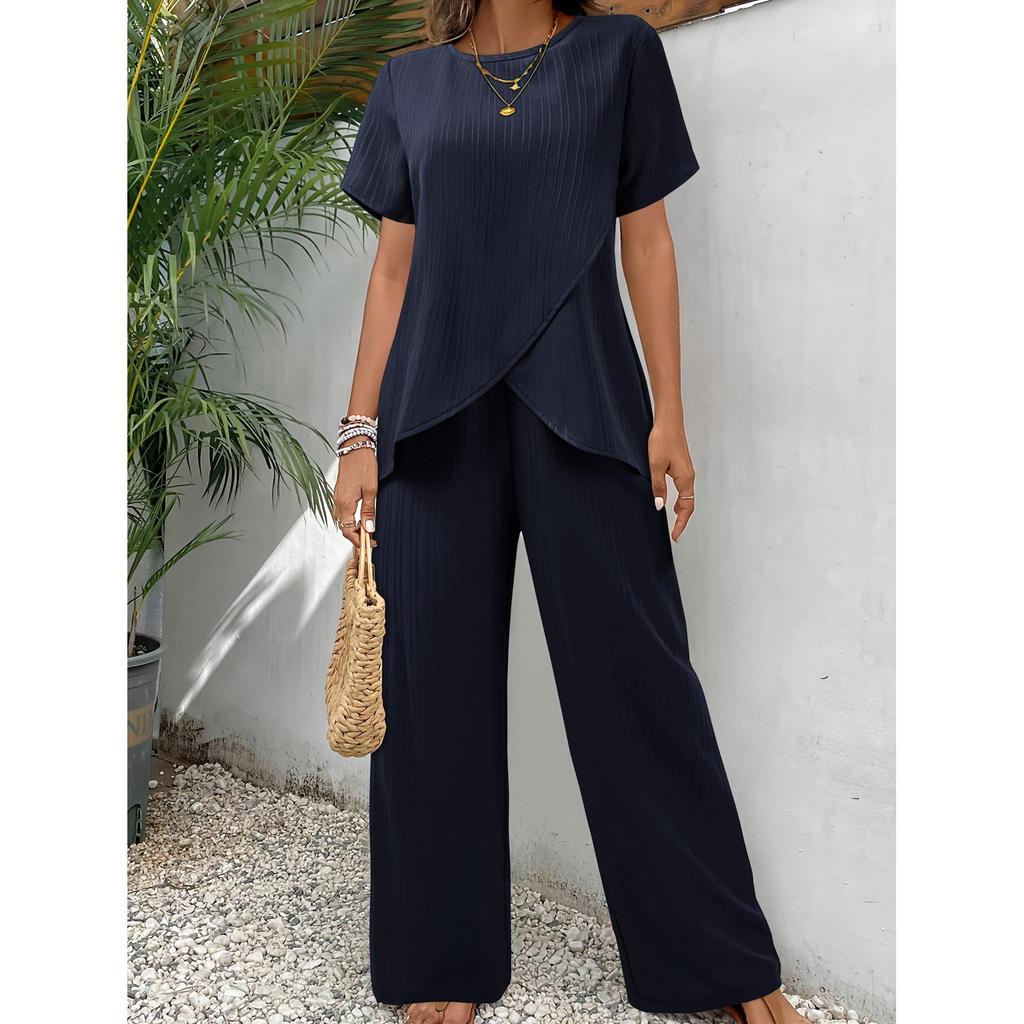 Casual Solid Suit Women Ashion Round Neck Short Sleeve Irregular Split Top Elastic Waist Trousers Two Piece Set