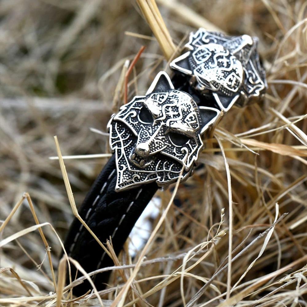 Vintage 316L Stainless Steel Viking Wolf Head Bracelet for Men Punk Biker High Quality Leather Bracelet Viking Jewelry Gift