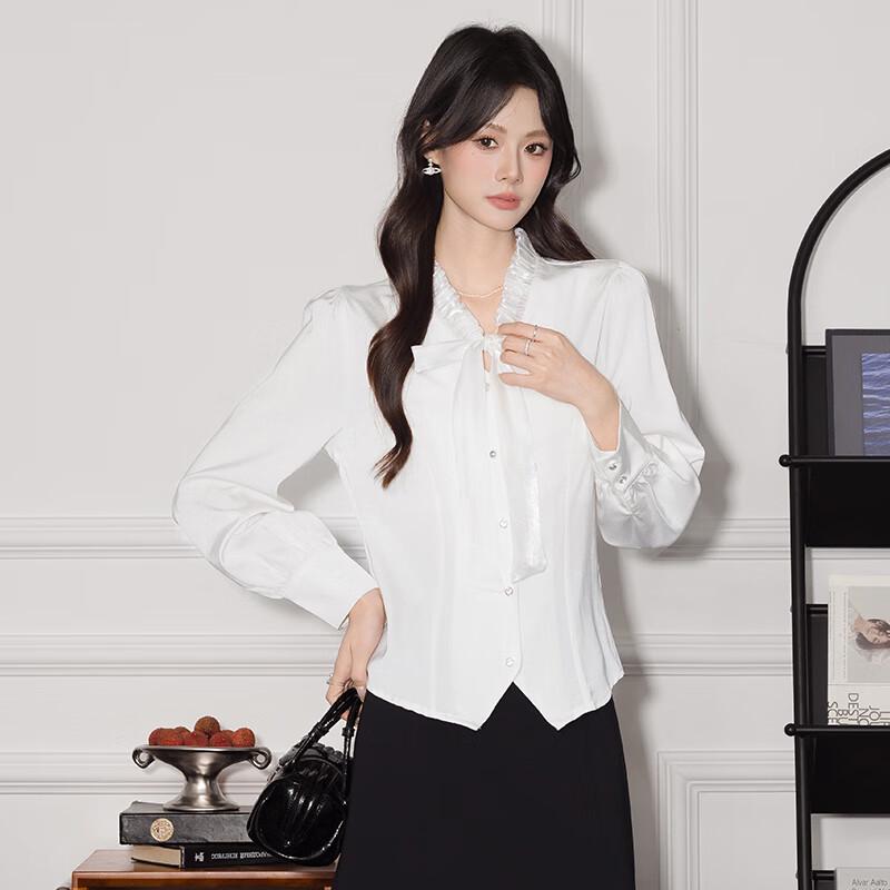 Women s V-Neck Bow Tie Ribbon Long Sleeve Blouse 2XL