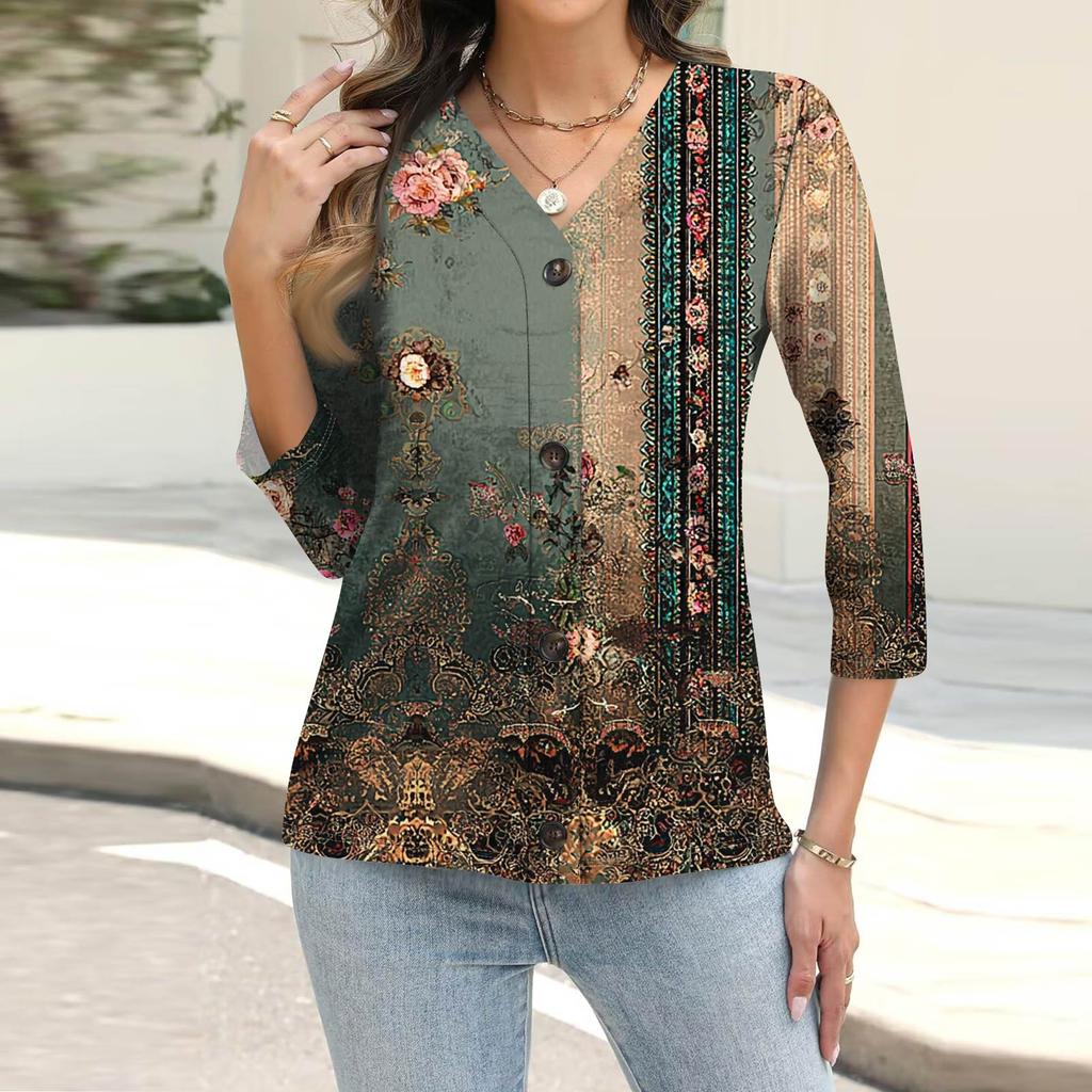 Women's Fashion Casual Printing Button-down Shirt 3/4 Long Sleeve Tops