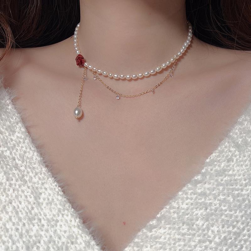 New, Vintage Red Rose Imitation Pearl Necklace Tassel Chain, Women's Necklace with Diamonds Women's
