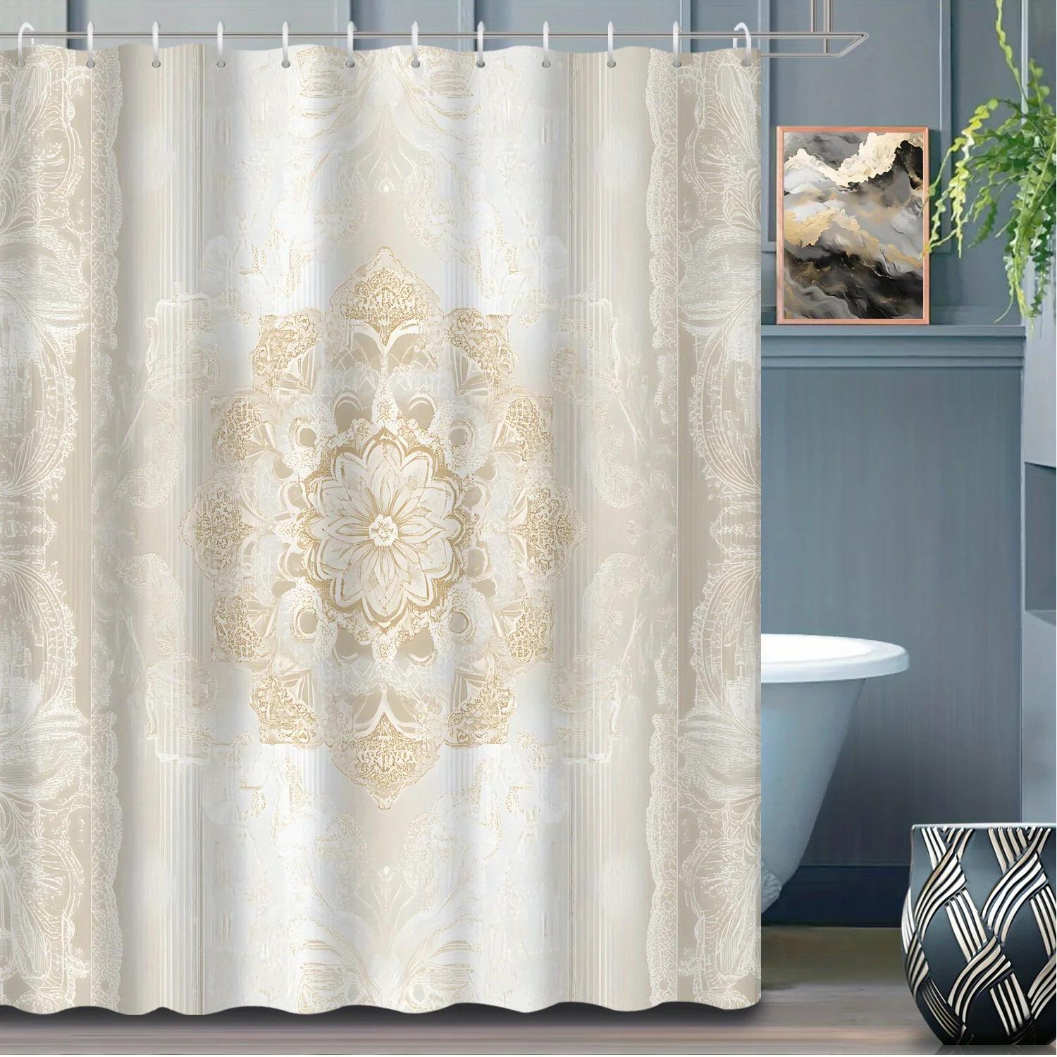 

1pc Bohemian Style Golden Yellow Mandala Pattern Printed Shower Curtain, Polyester Fabric with 12 Hooks, Bath Curtain and W90xH180cm