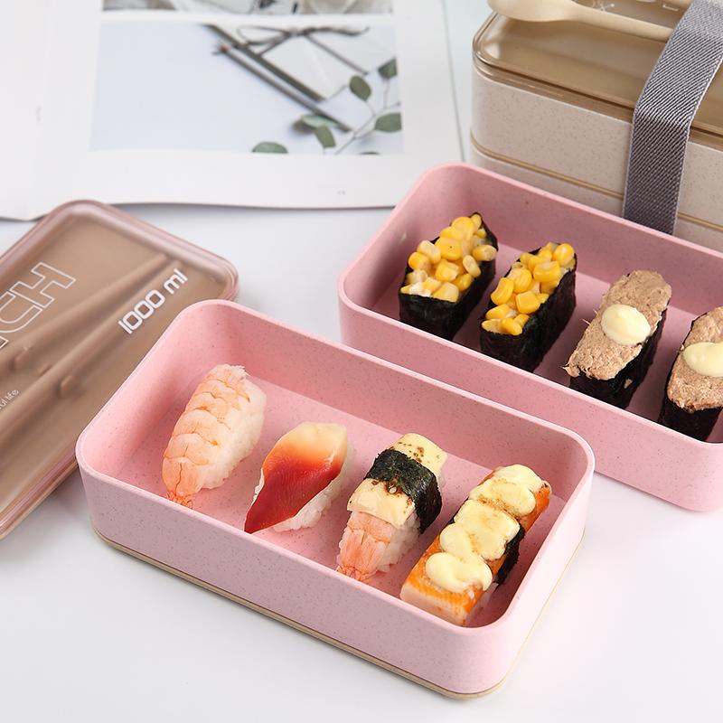 Fiambrera portátil de 1000ml, cajas Bento de paja de trigo de doble capa, vajilla para microondas, contenedor de almacenamiento de alimentos, fiambrera