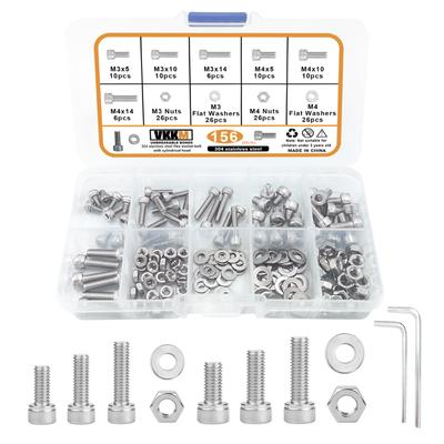 304 Stainless Steel Hexagon Head Bolt And Nut Series Kit, Hexagon Socket Cap, Bolt Set With Wrench, M3/4x5/10/14mm Total 156Pcs