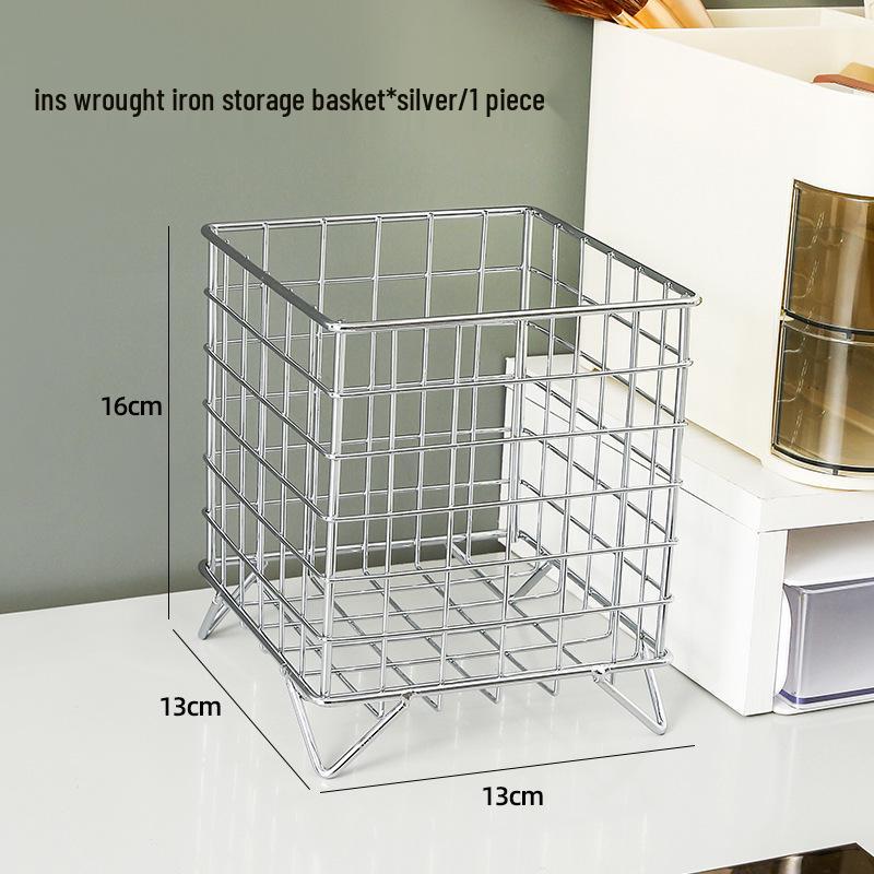 Кованая железная настольная корзина для хранения для офиса или общежития – Большая вместимость для косметики, мелочей и масок серебряный