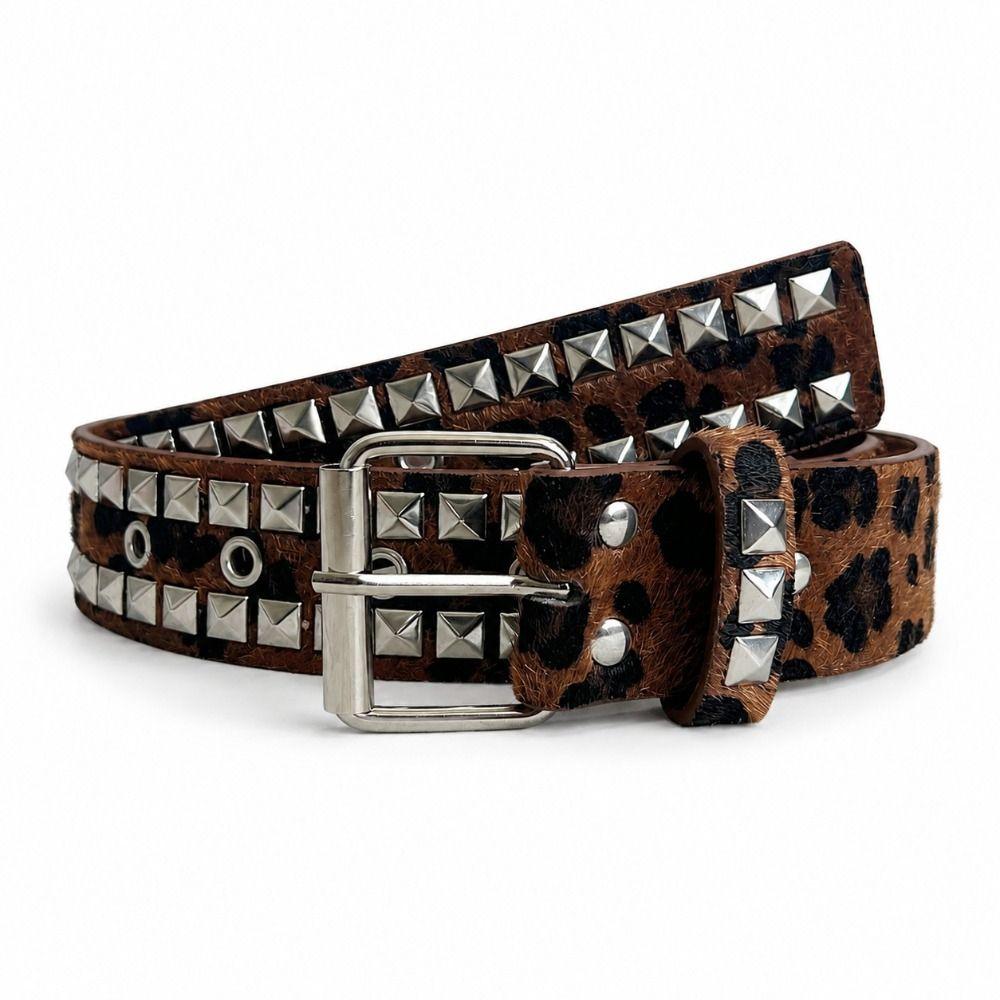 Adjustable Studded Punk Belt Pin Buckle PU Leather Belt Bohemian Leopard Print Belt For Women Men